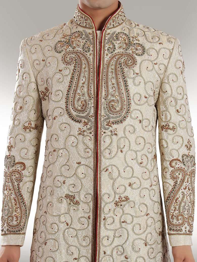 Heavy Embroidered Beige Sherwani