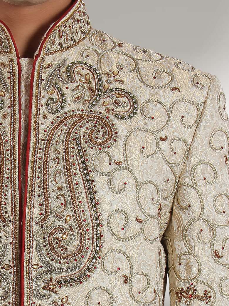 Heavy Embroidered Beige Sherwani