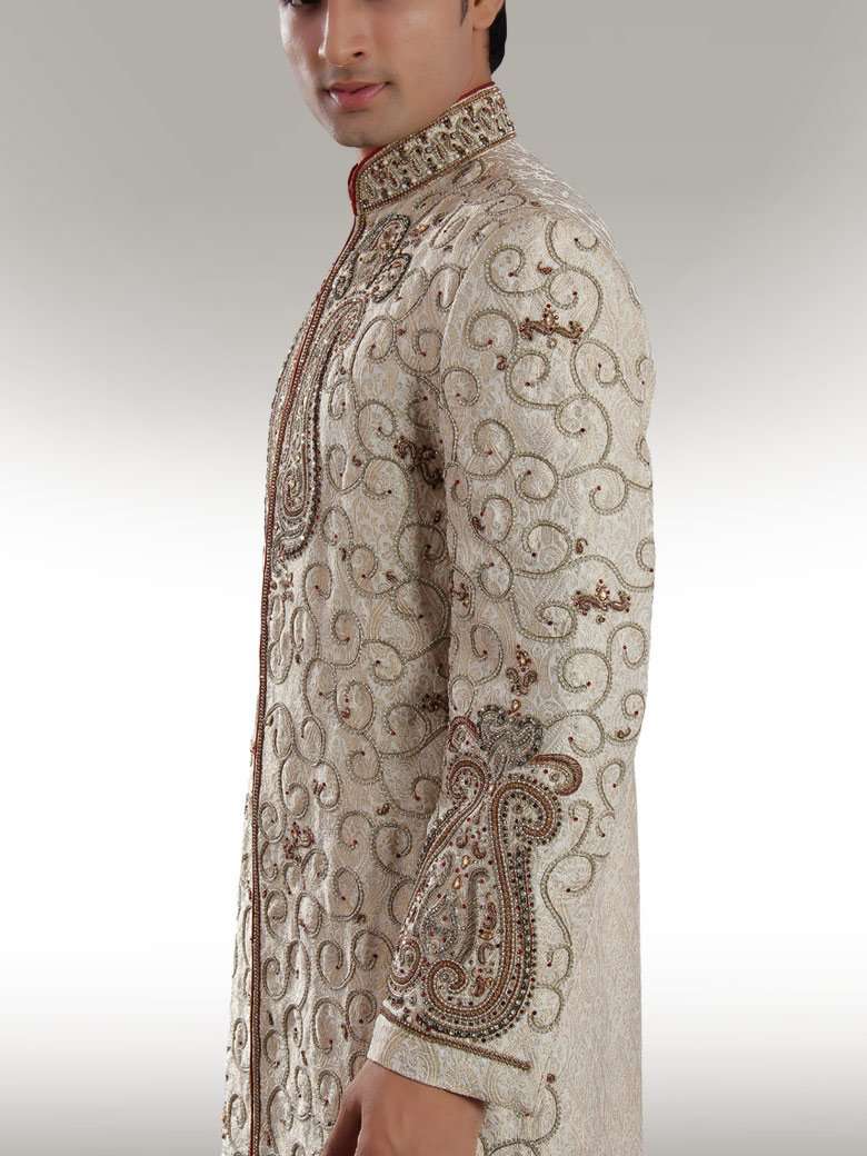 Heavy Embroidered Beige Sherwani