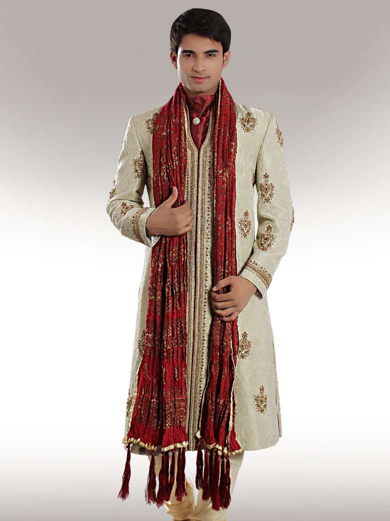 Groom Light Embroidered Cream Sherwani