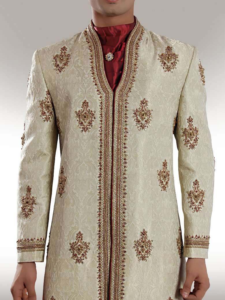 Groom Light Embroidered Cream Sherwani