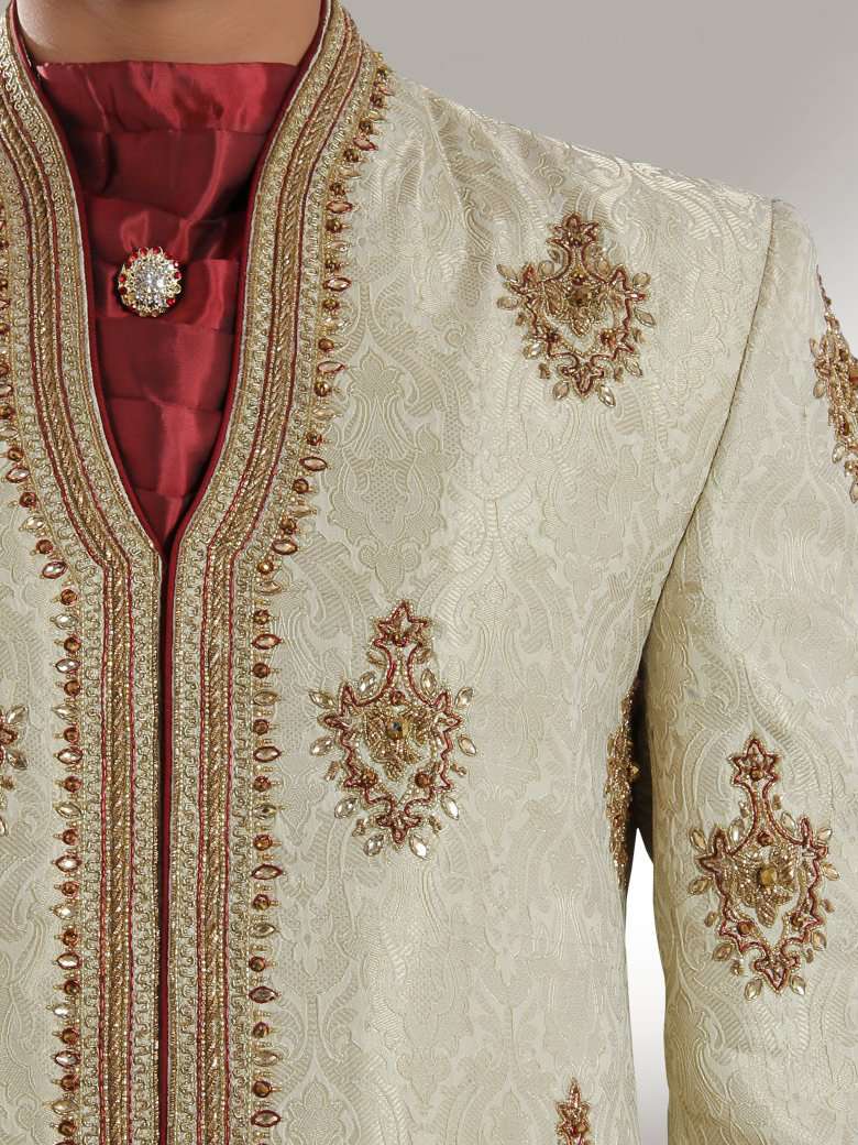 Groom Light Embroidered Cream Sherwani