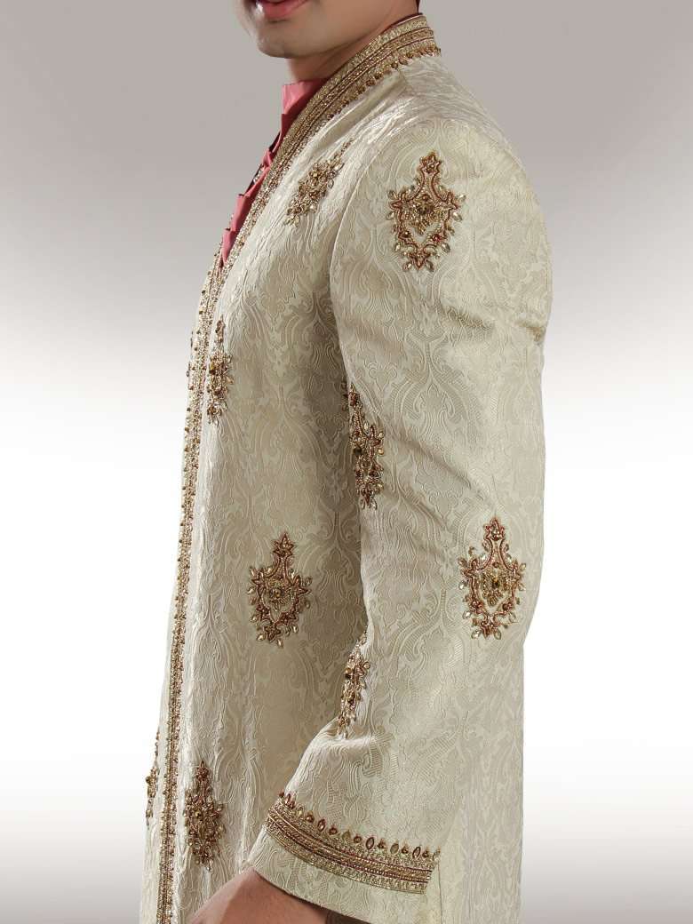 Groom Light Embroidered Cream Sherwani