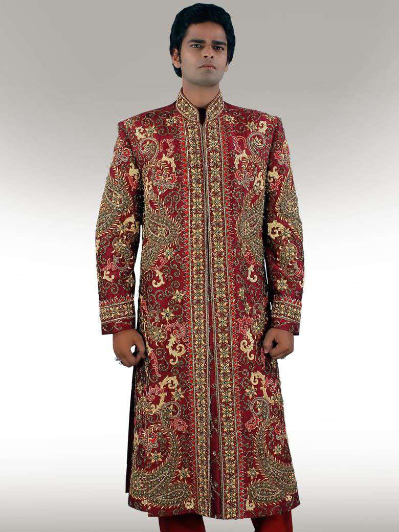 Omar Heavy Embroidery Maroon Sherwani