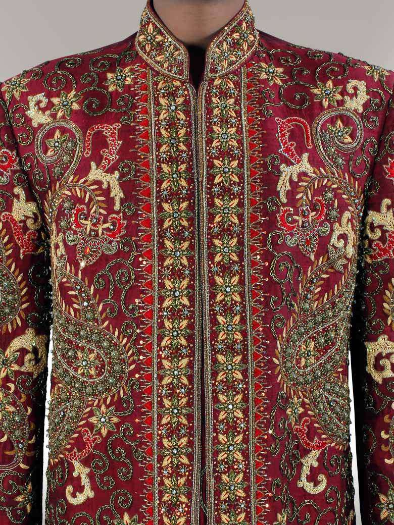 Omar Heavy Embroidery Maroon Sherwani