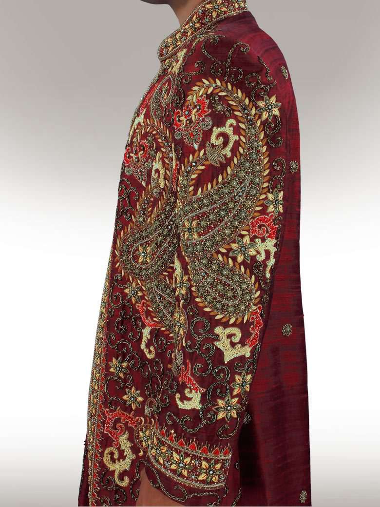 Omar Heavy Embroidery Maroon Sherwani