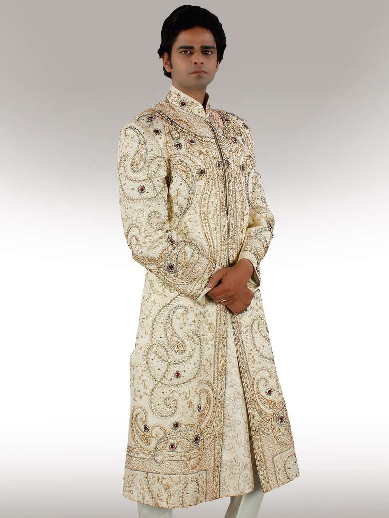 Eshan Heavy Embroidered Beige Sherwani