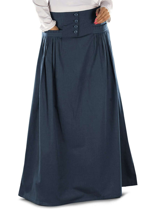 A navy blue A-line skirt with front open placket and button closure, featuring utility pockets and elastic waist on the back.