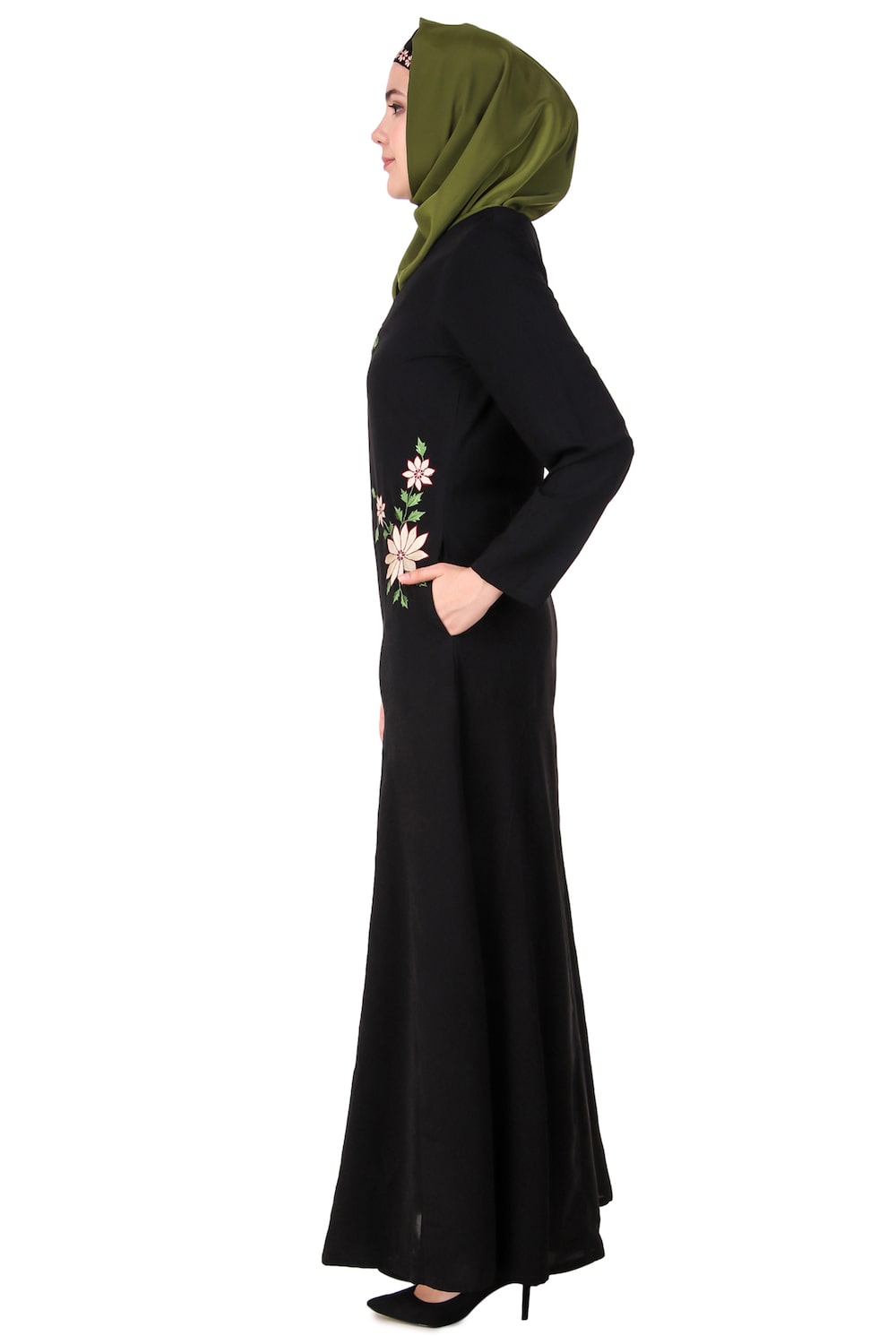 Floral Embroidery Nida Flared Abaya Side