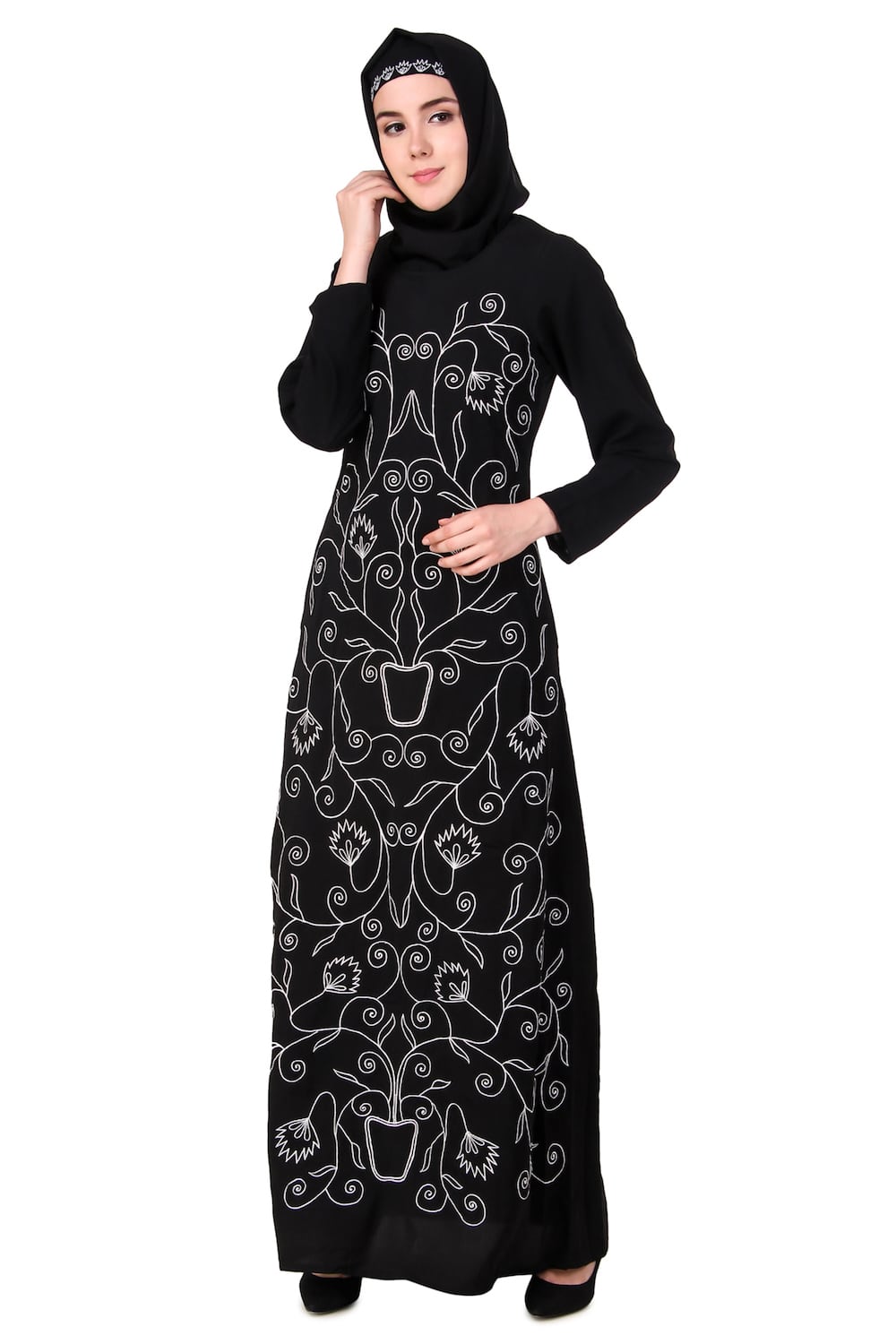 Front Floral Embroidered A-Line Abaya