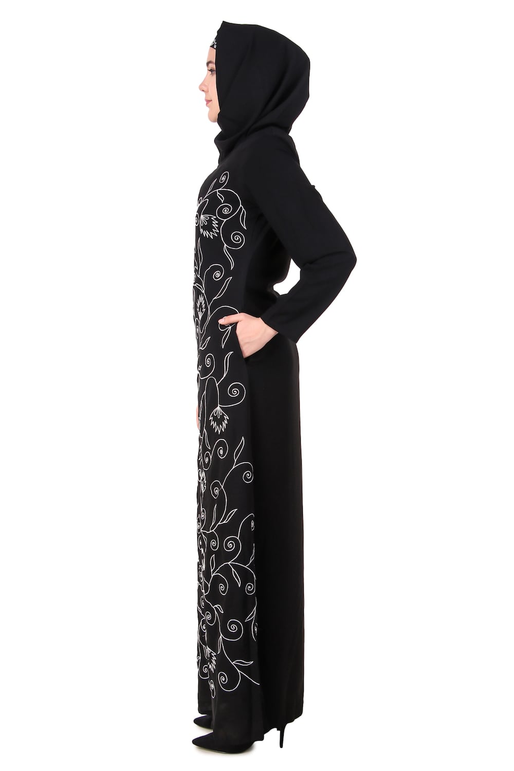 Front Floral Embroidered A-Line Abaya Side