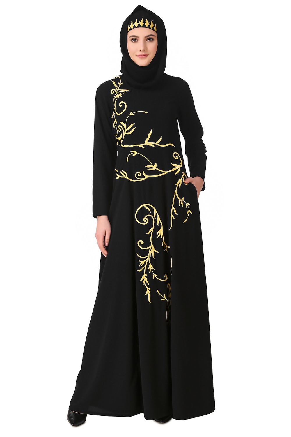 Single Color Floral Embroidery Anarkali Abaya