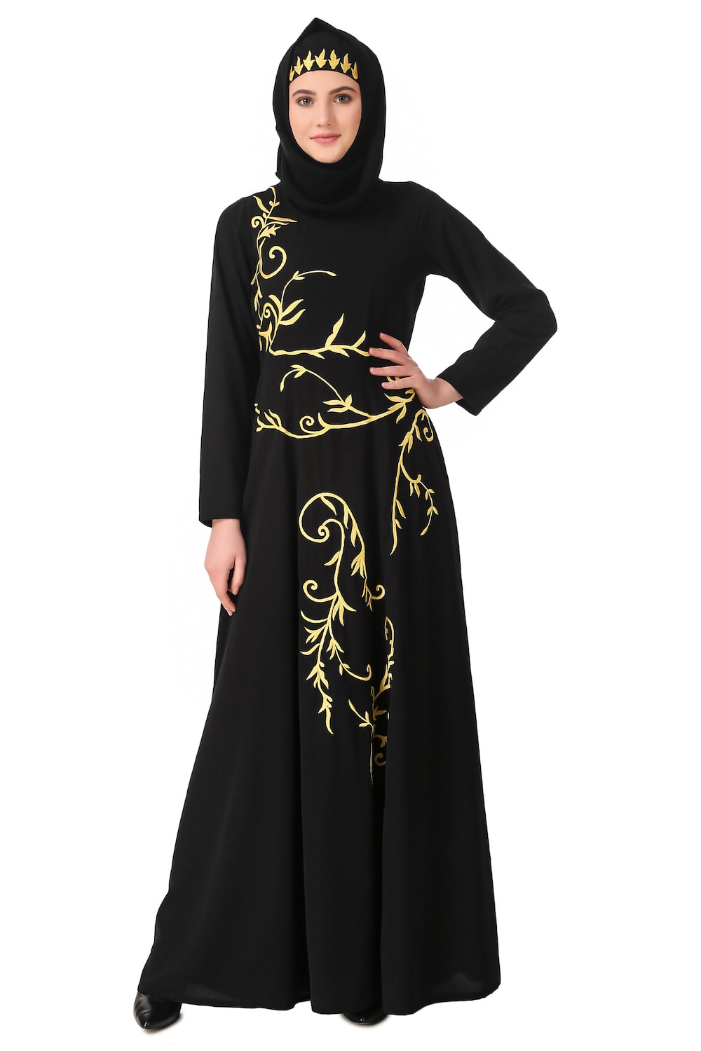 Single Color Floral Embroidery Anarkali Abaya