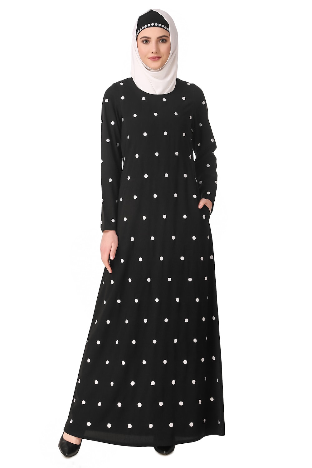 Embroidered Polka Dot A-Line Abaya Front