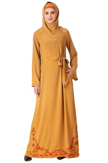 Raglan Sleeves Floral Embroidered Bottom Abaya with Waist Belt