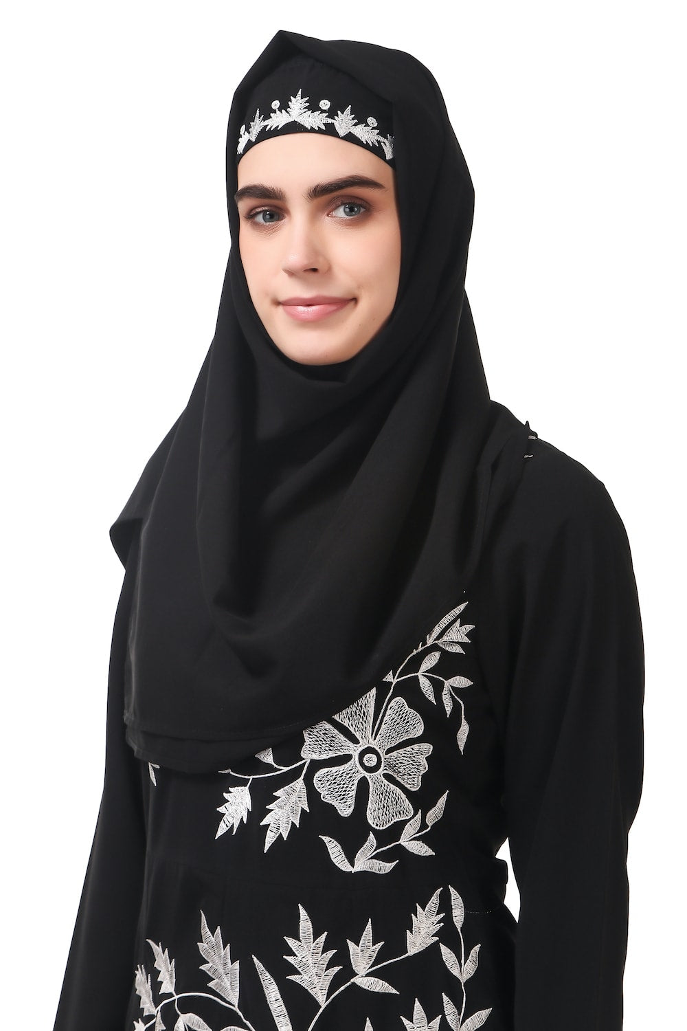 Contrast Embroidery Heavily Flared Abaya Hijab