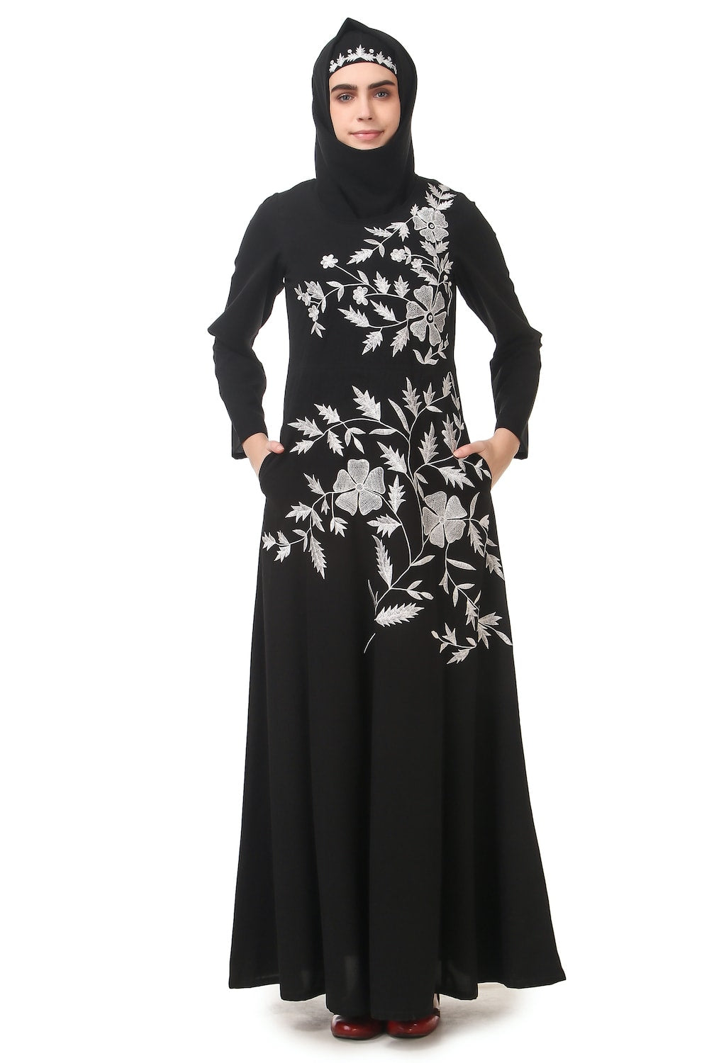 Contrast Embroidery Heavily Flared Abaya Front