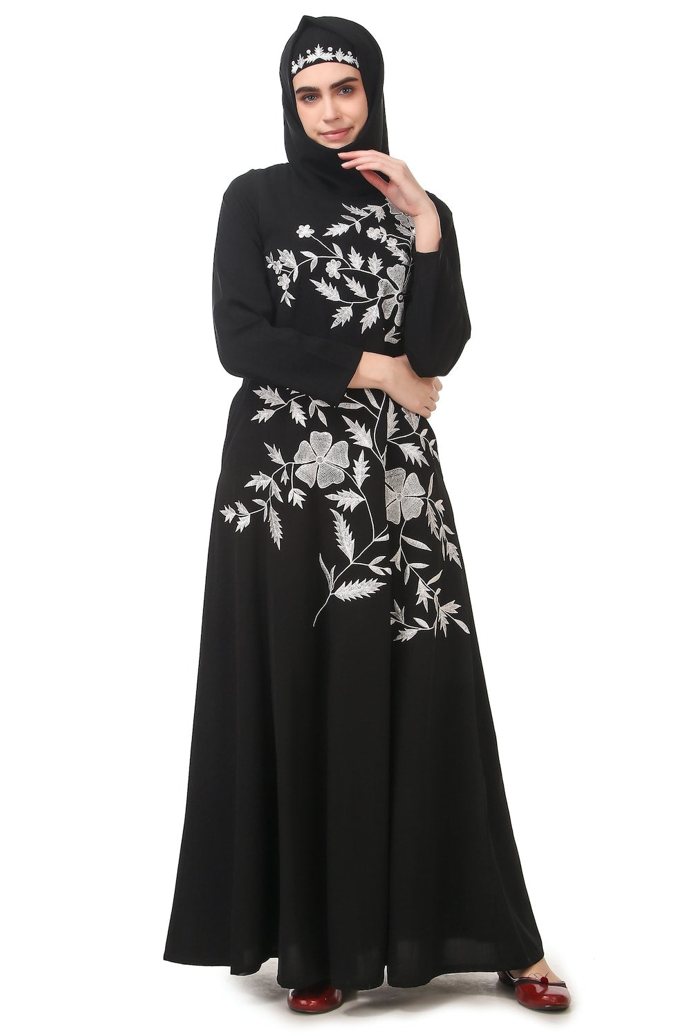 Contrast Embroidery Heavily Flared Abaya