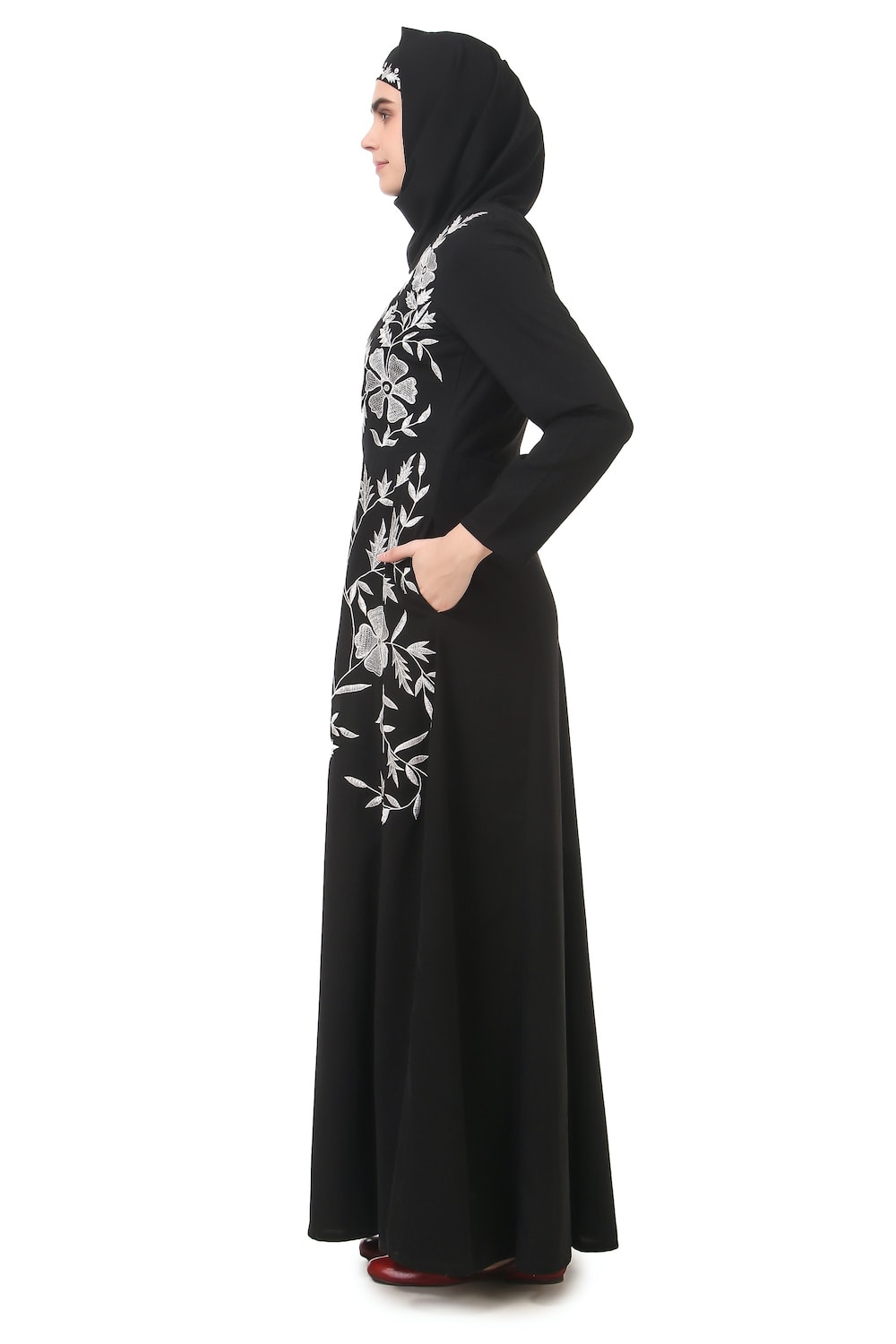 Contrast Embroidery Heavily Flared Abaya Side
