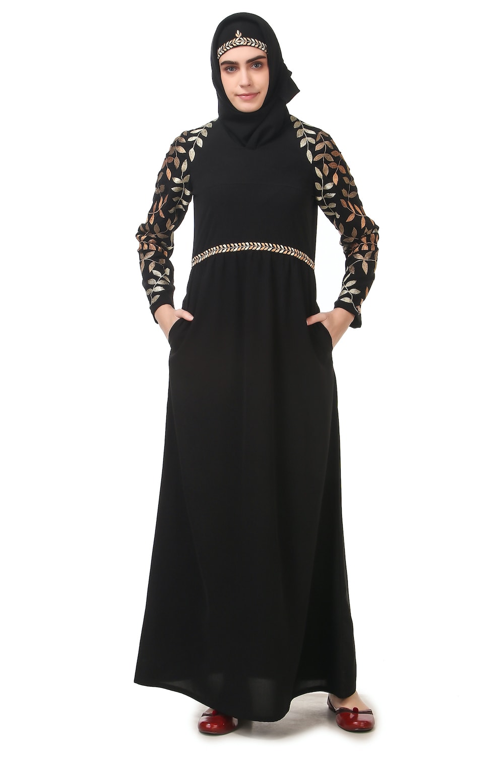 Metallic Leaf Embellished Nida Abaya Front