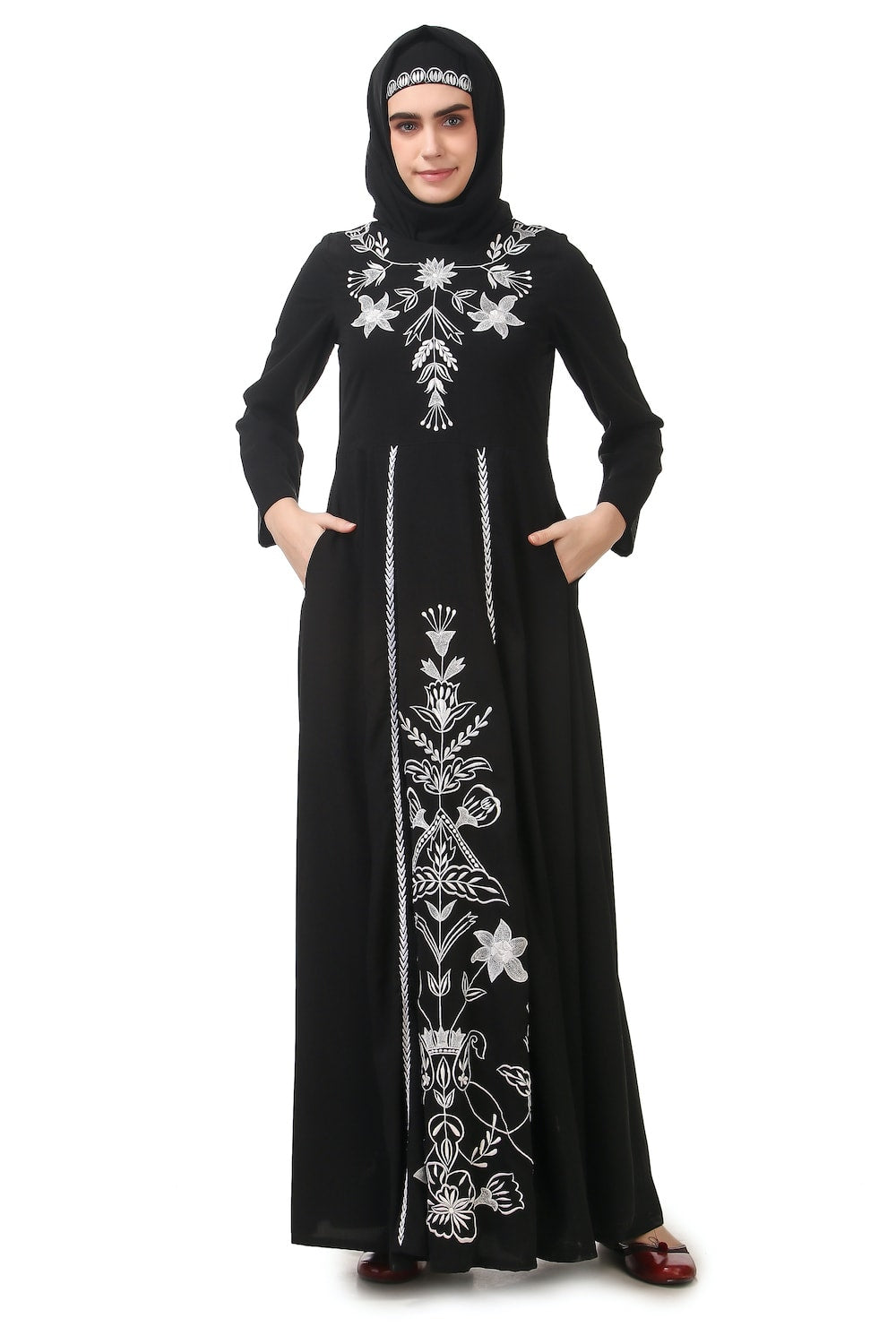 Fancy White on Black Embroidery Anarkali Abaya