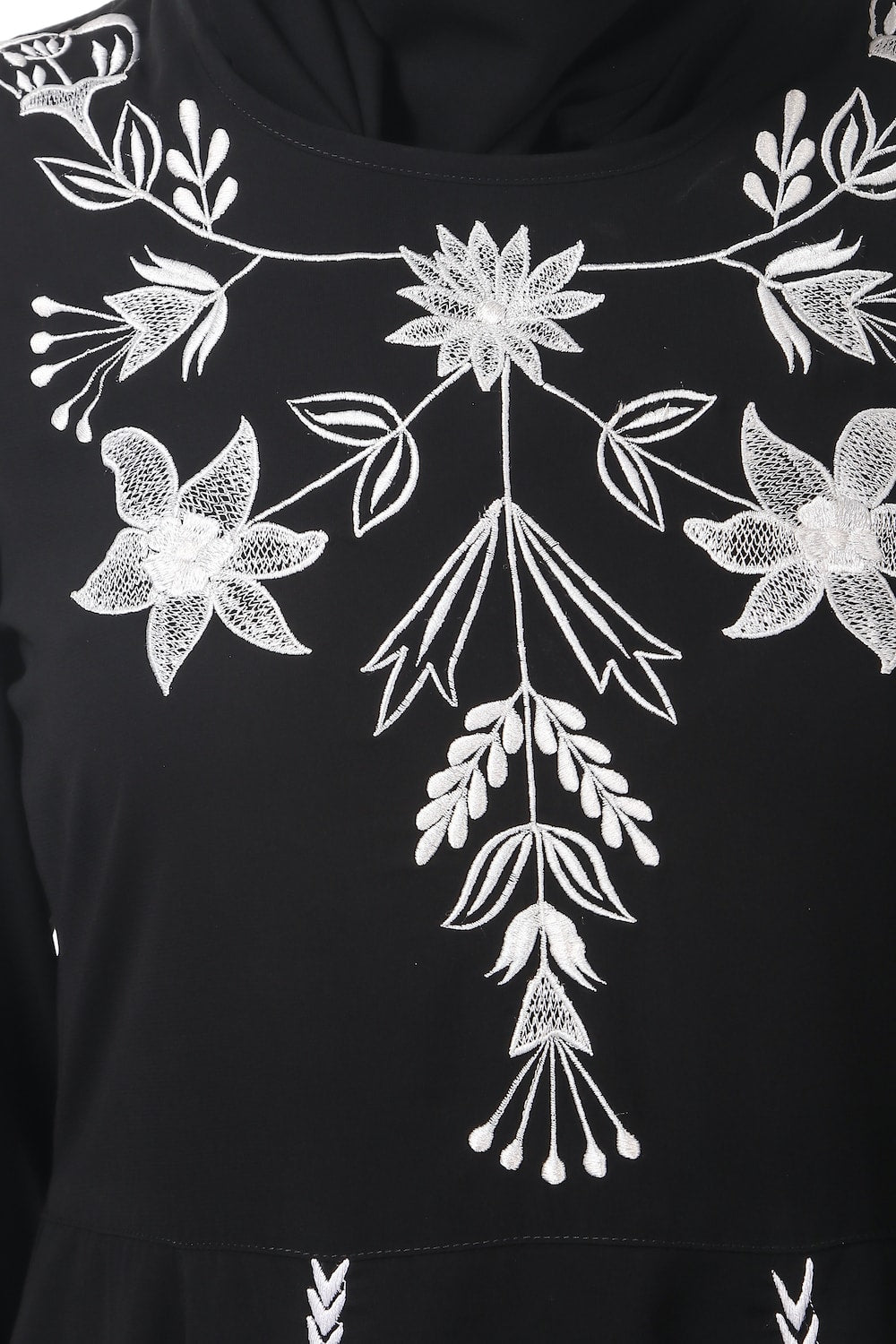 Fancy White on Black Embroidery Anarkali Abaya