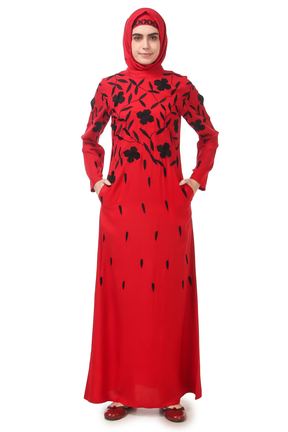 Black Floral Embroidery Red Rayon Abaya