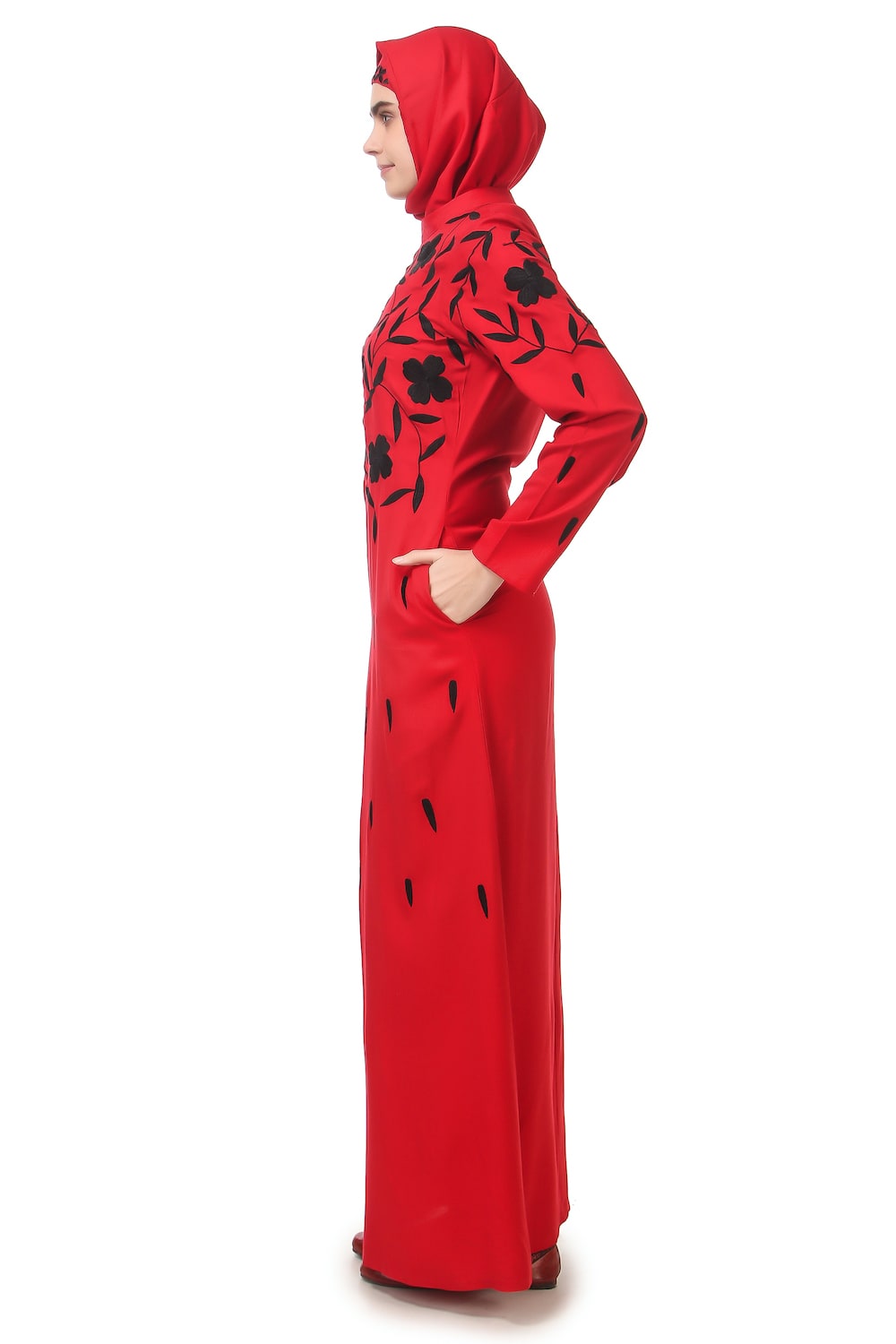 Black Floral Embroidery Red Rayon Abaya