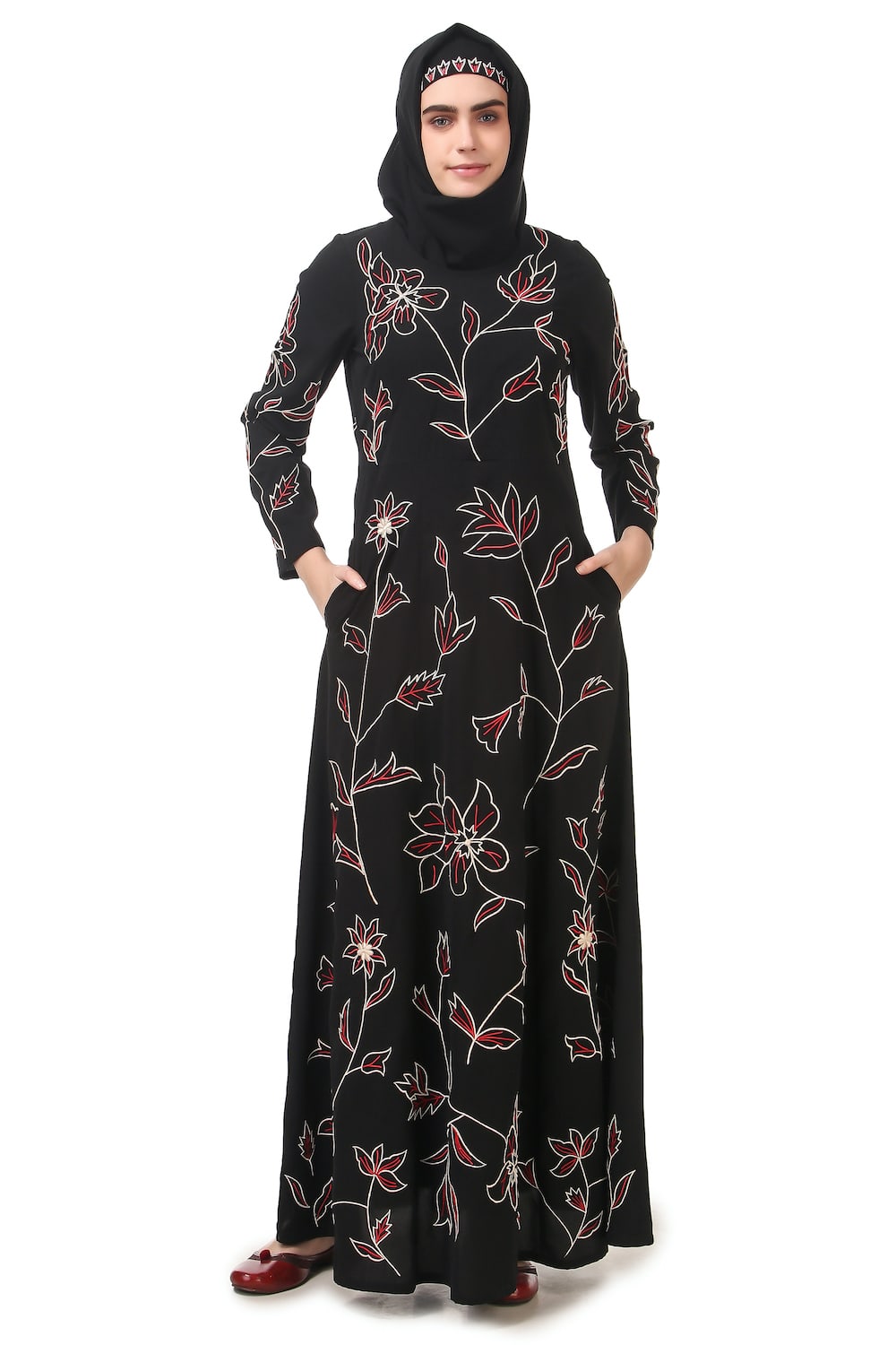 All Over Floral Embroidered Semi Circular Abaya