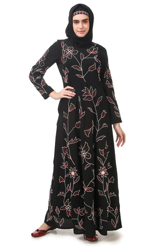 All Over Floral Embroidered Semi Circular Abaya