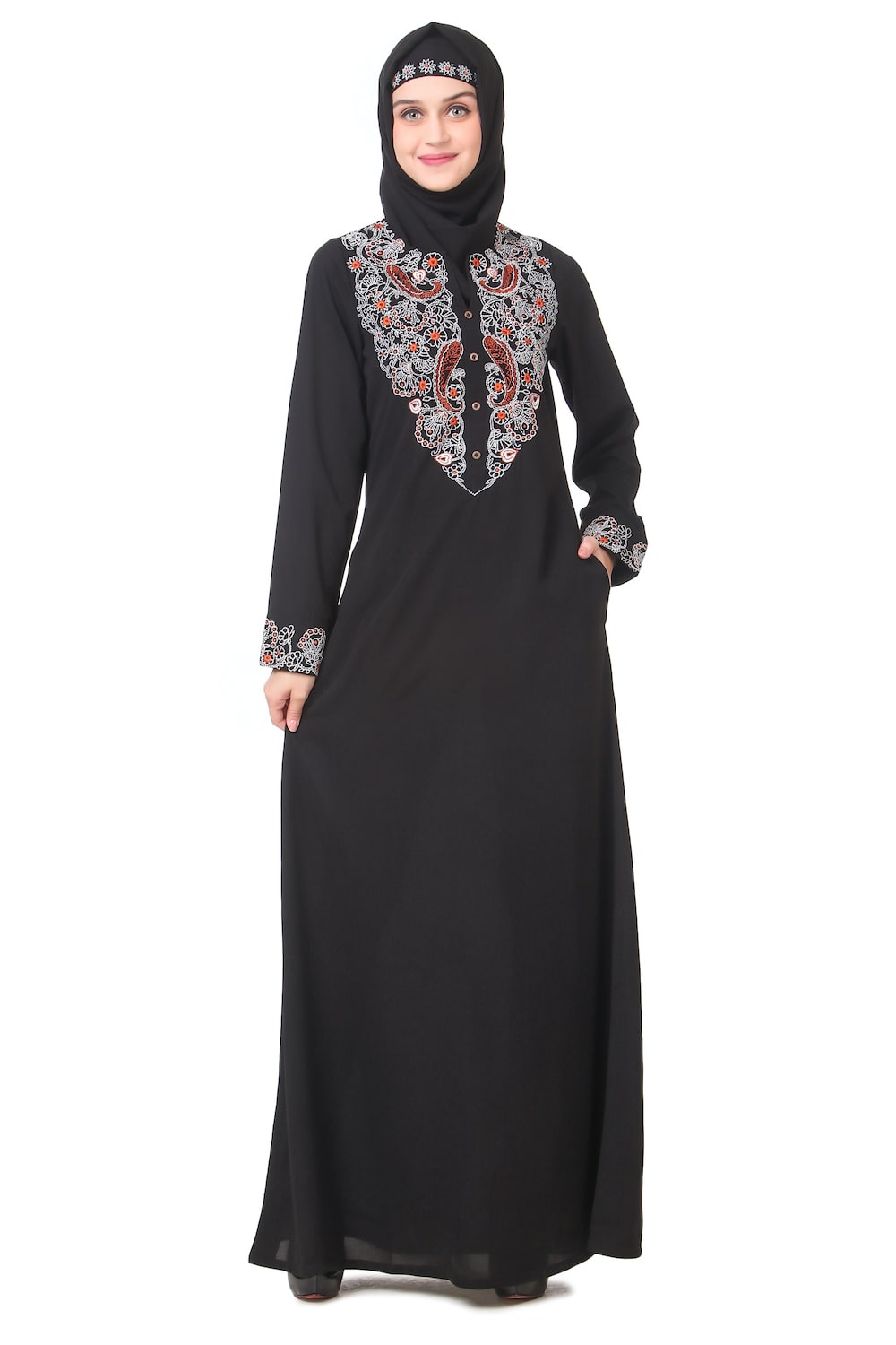 Faux Buttoned Front Paisley Embroidered Abaya