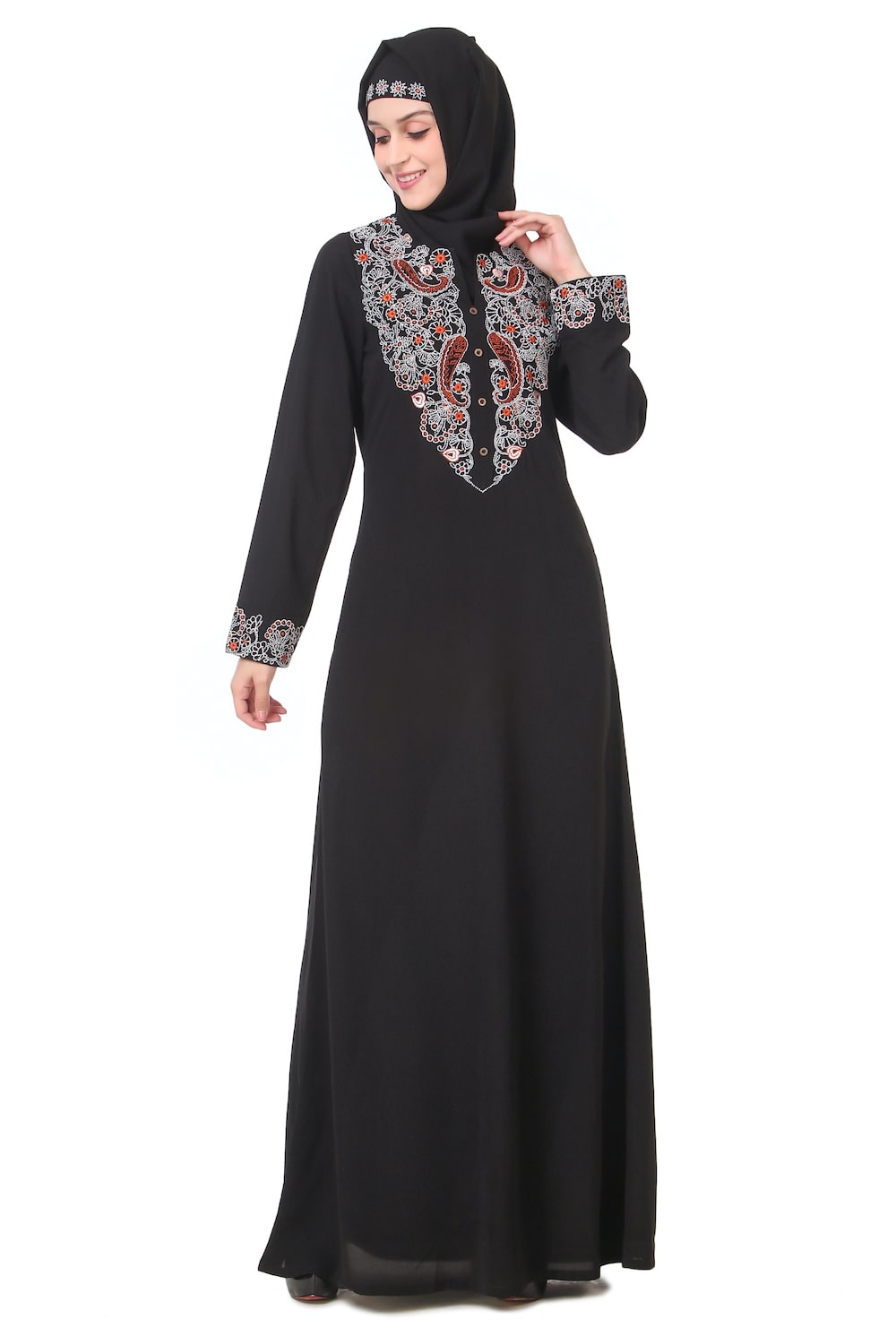 Faux Buttoned Front Paisley Embroidered Abaya