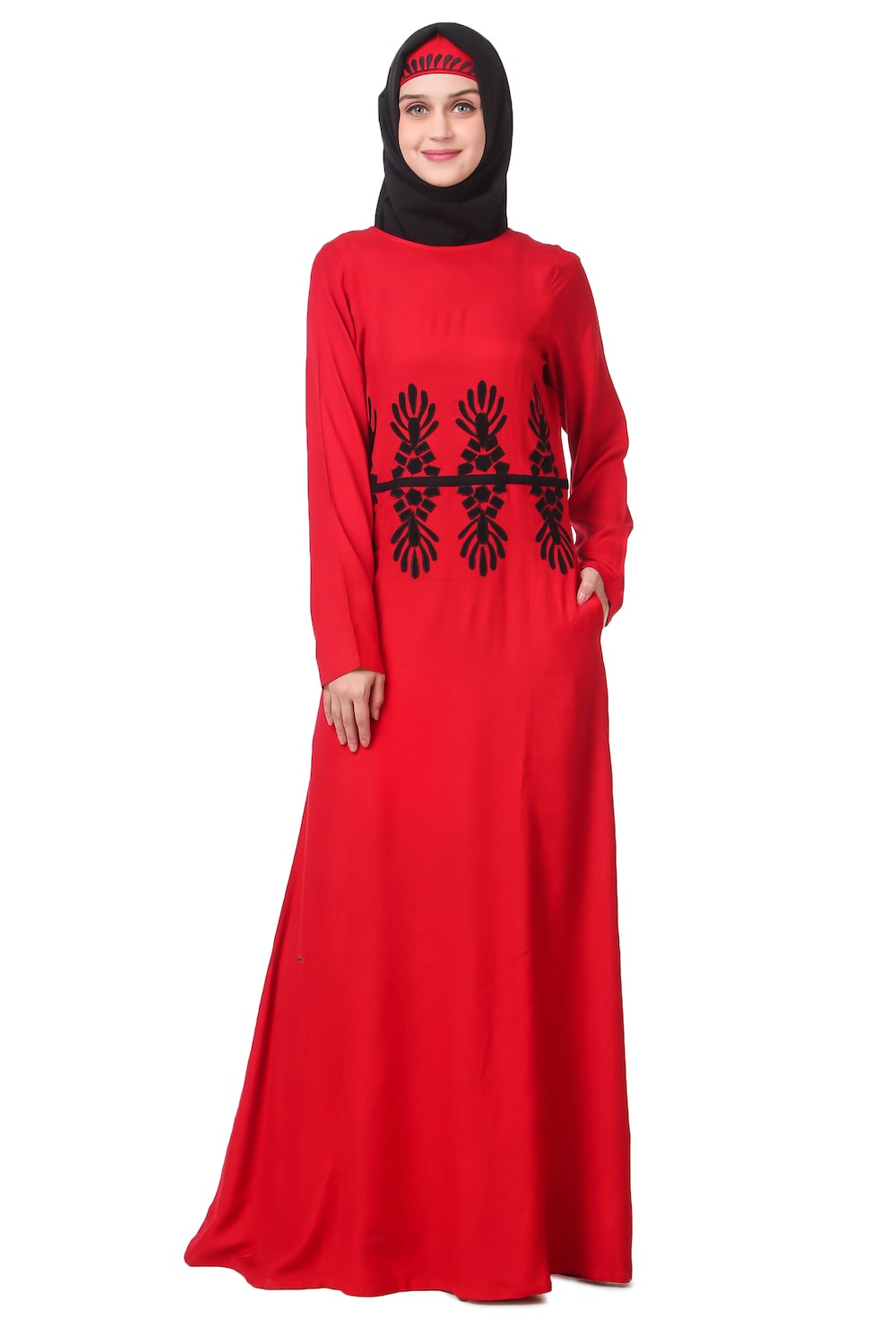 Graphic Pattern Embellished Red Rayon Abaya