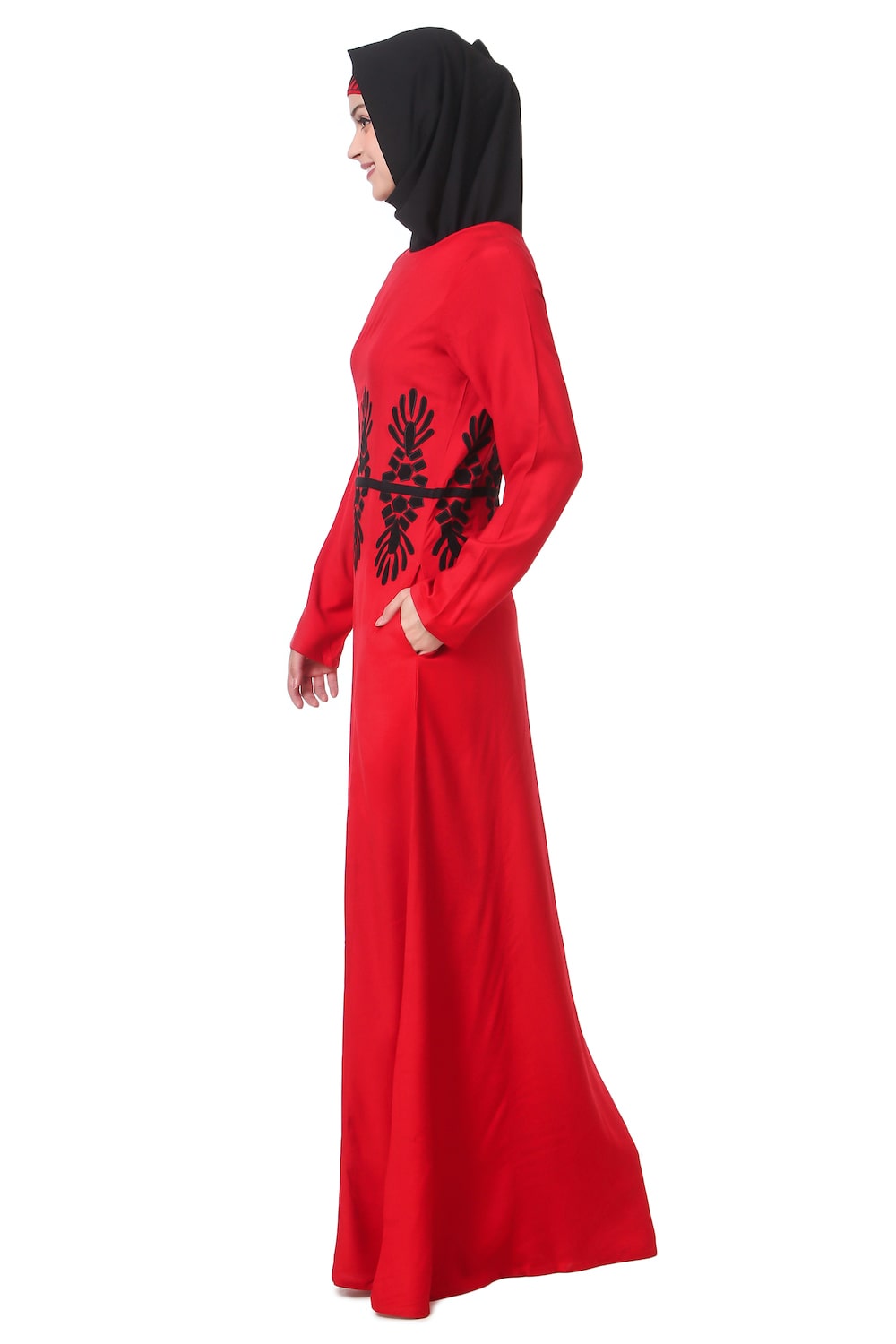 Graphic Pattern Embellished Red Rayon Abaya