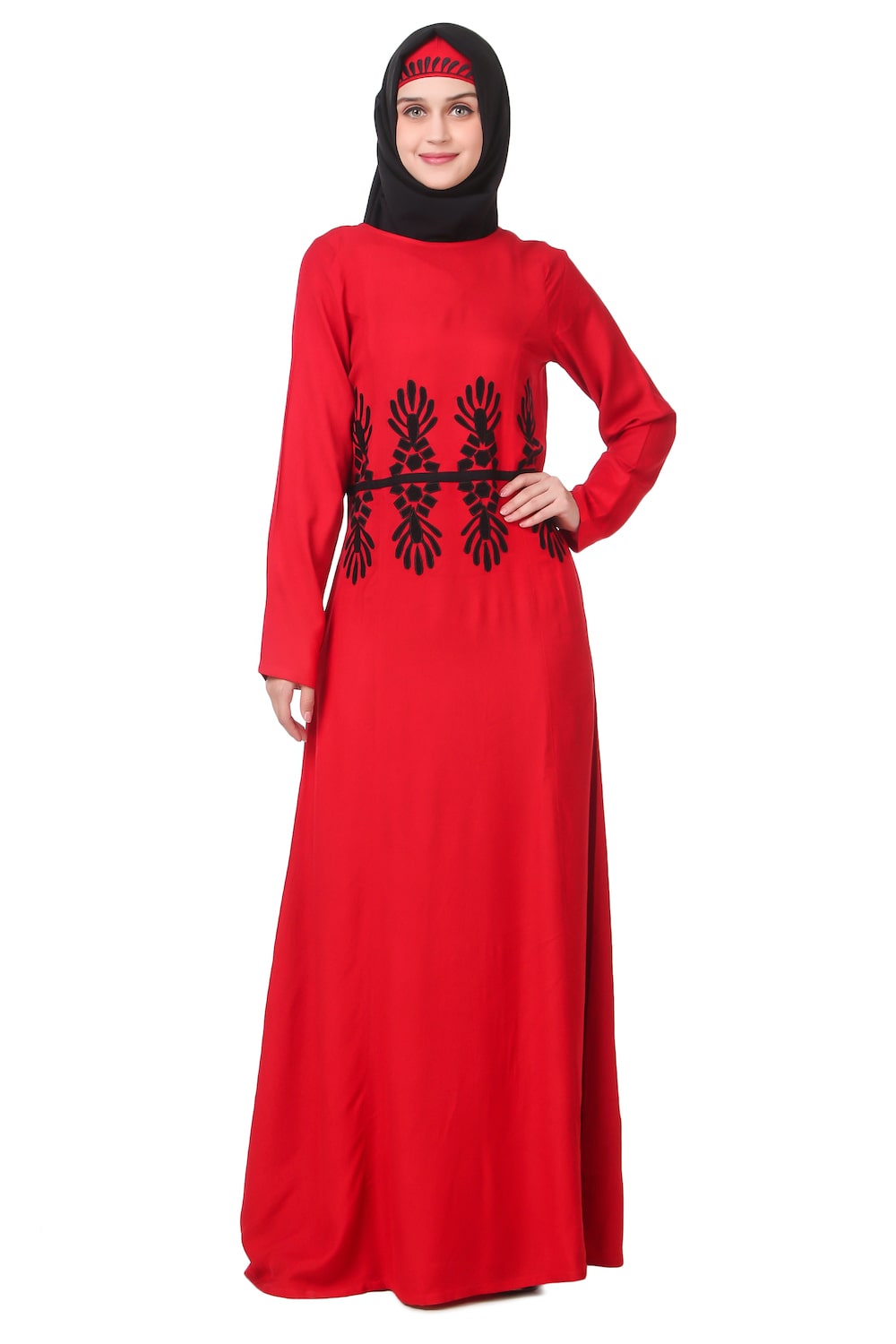 Graphic Pattern Embellished Red Rayon Abaya