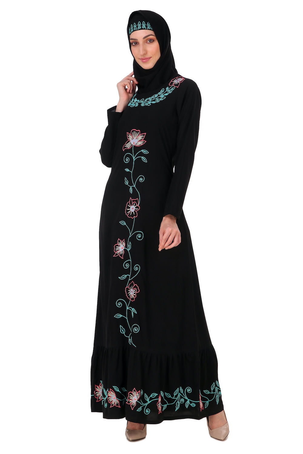 Ruched Bottom Floral Embroidery Nida Abaya