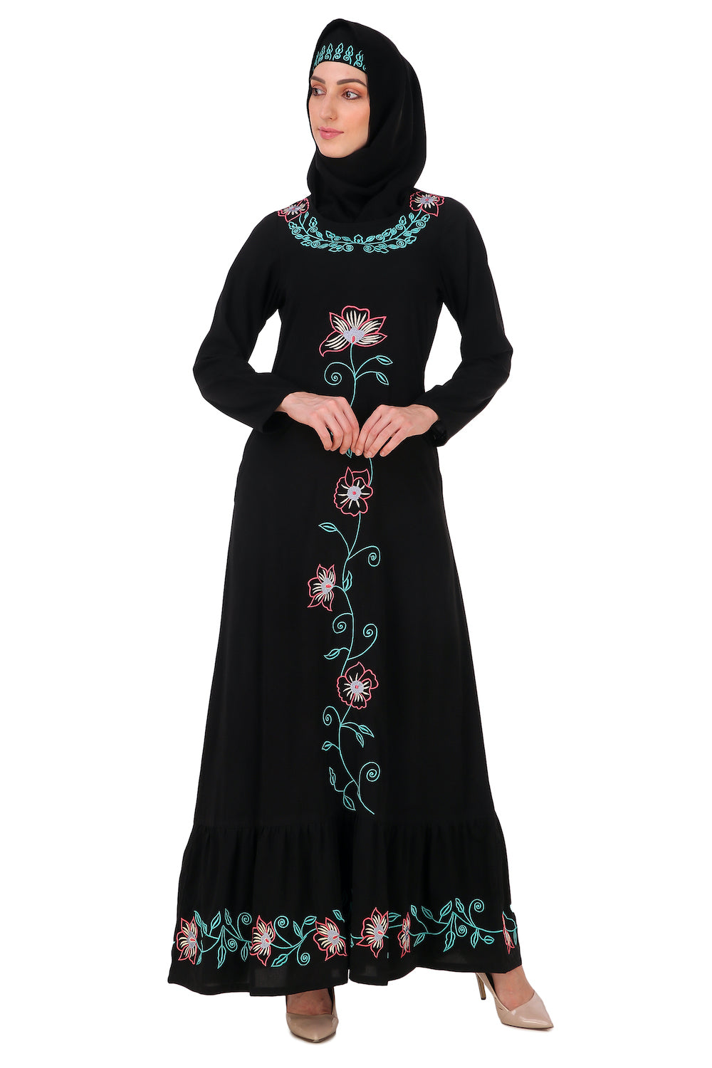 Ruched Bottom Floral Embroidery Nida Abaya