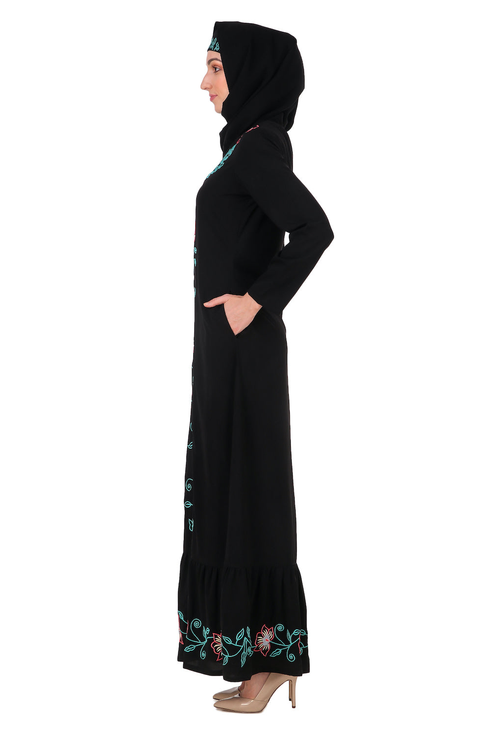 Ruched Bottom Floral Embroidery Nida Abaya