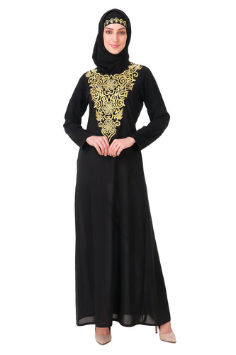 Gold Hand Embroidered Neck Fancy Abaya AY-806