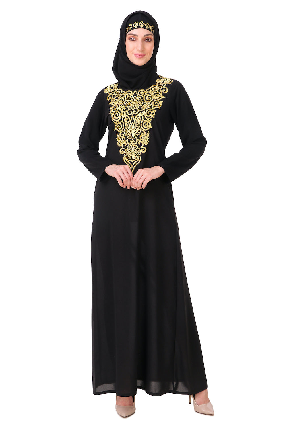 Gold Hand Embroidered Neck Fancy Abaya AY-806