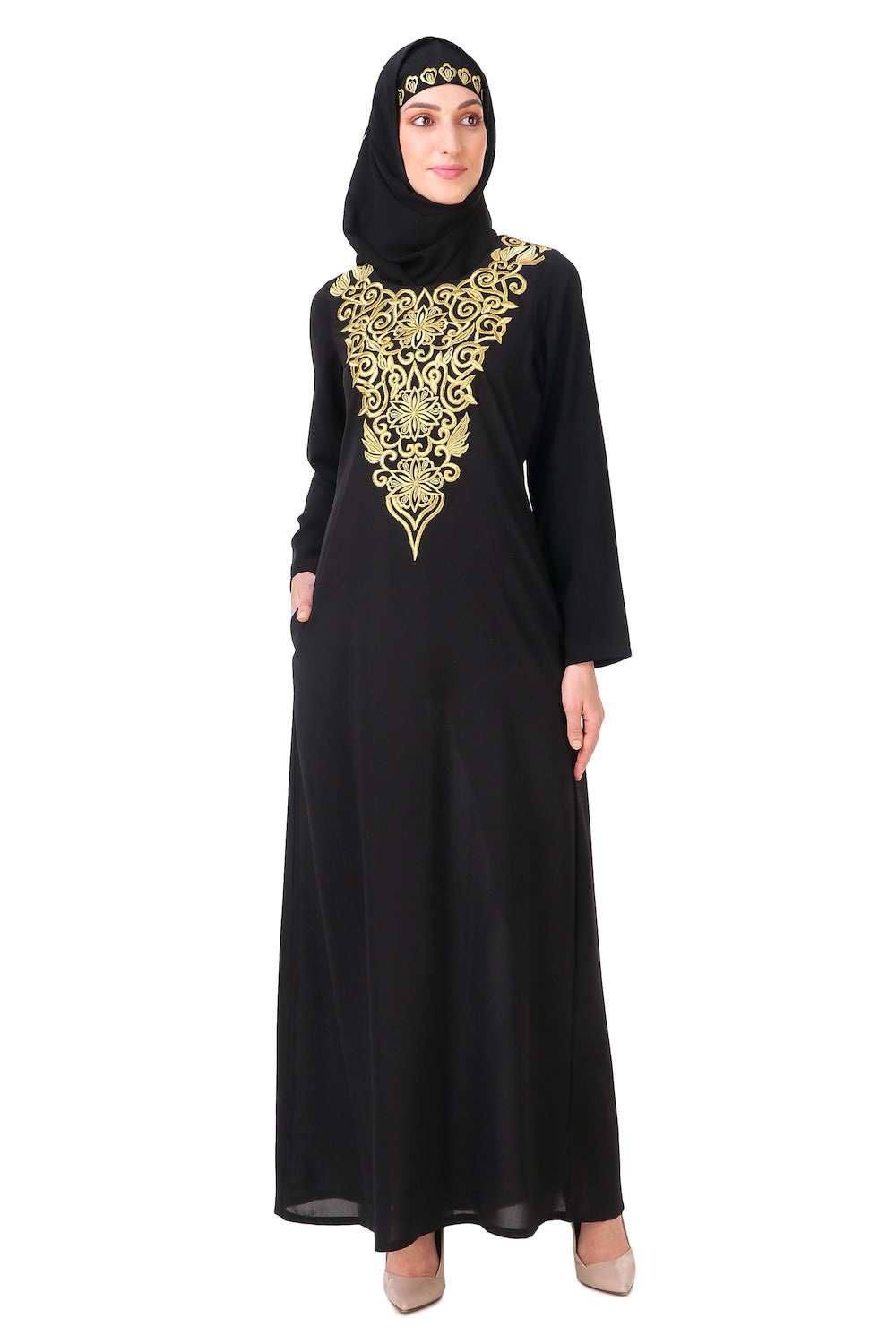 Gold Hand Embroidered Neck Fancy Abaya AY-806