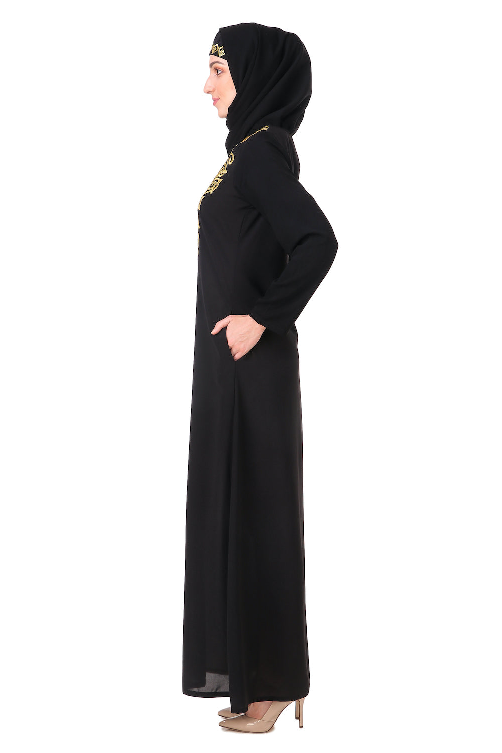 Gold Hand Embroidered Neck Fancy Abaya AY-806