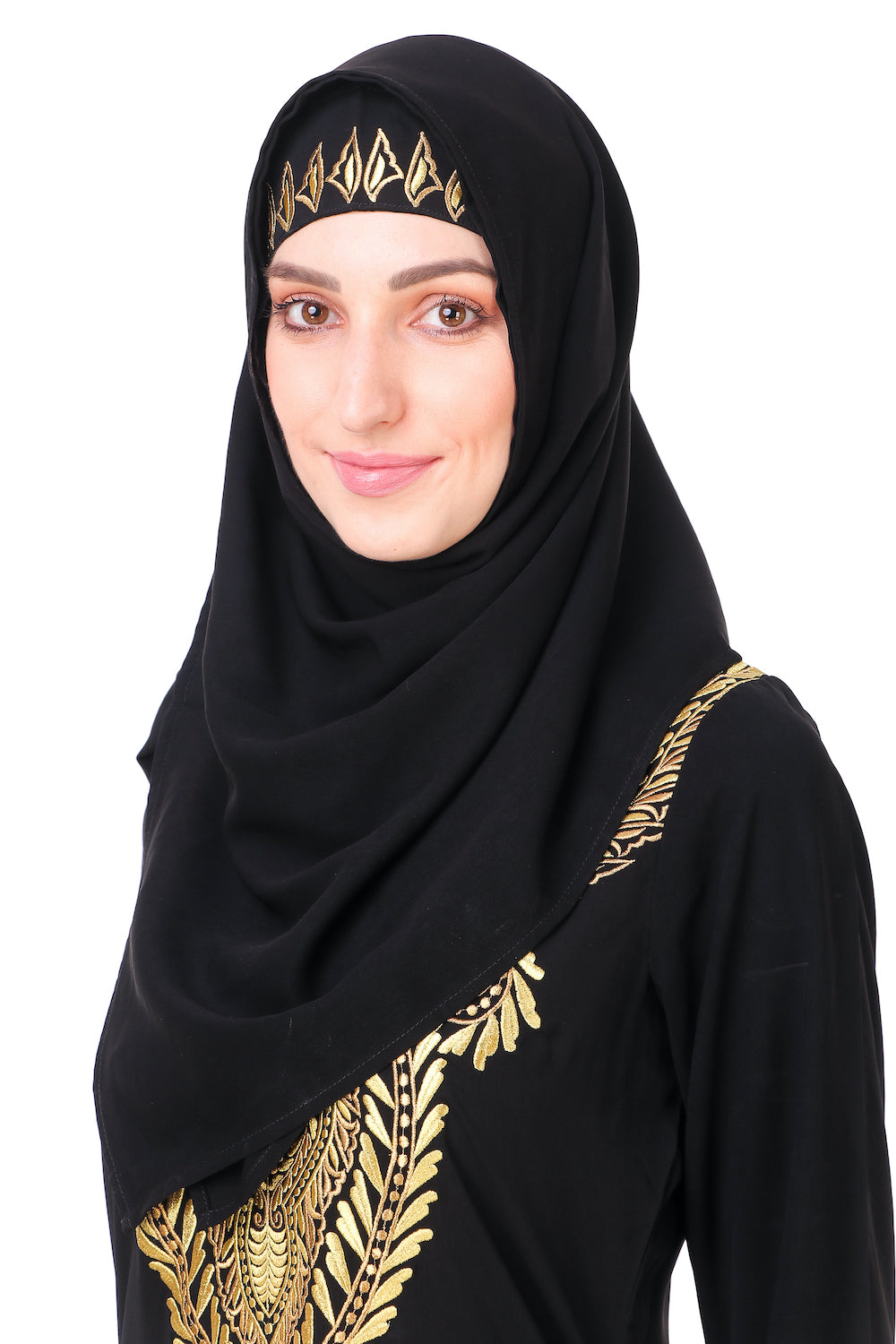 Gold & Copper Hand Embroidered Neck Fancy Abaya AY-807