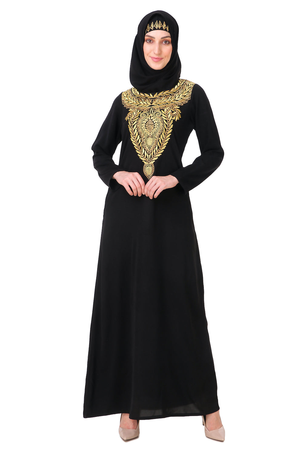 Gold & Copper Hand Embroidered Neck Fancy Abaya AY-807