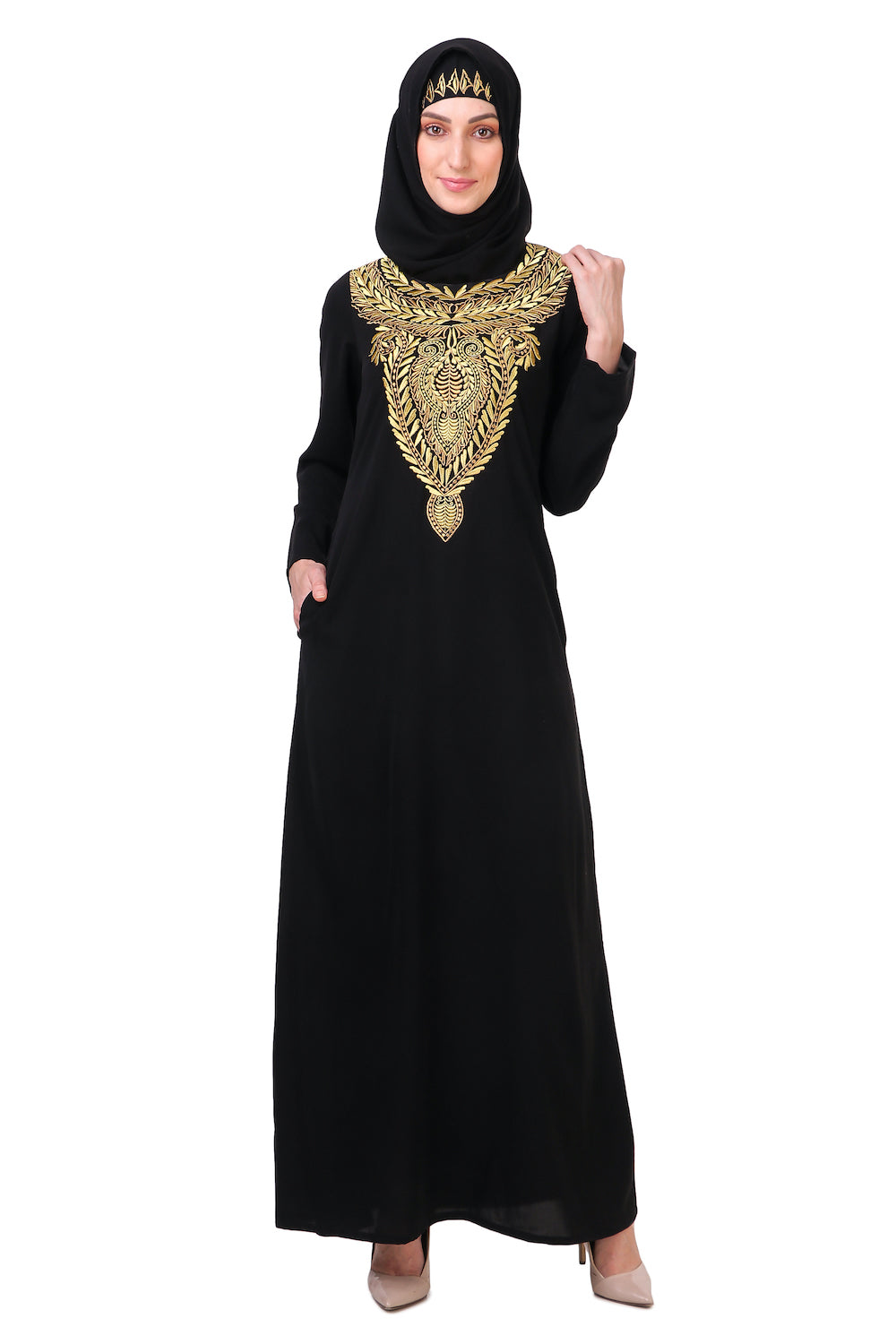 Gold & Copper Hand Embroidered Neck Fancy Abaya AY-807