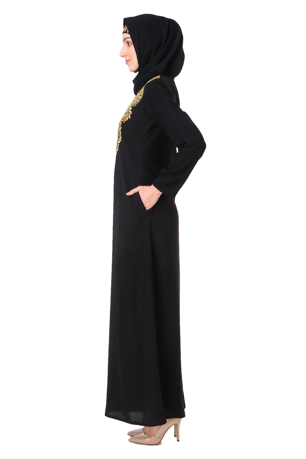 Gold & Copper Hand Embroidered Neck Fancy Abaya AY-807