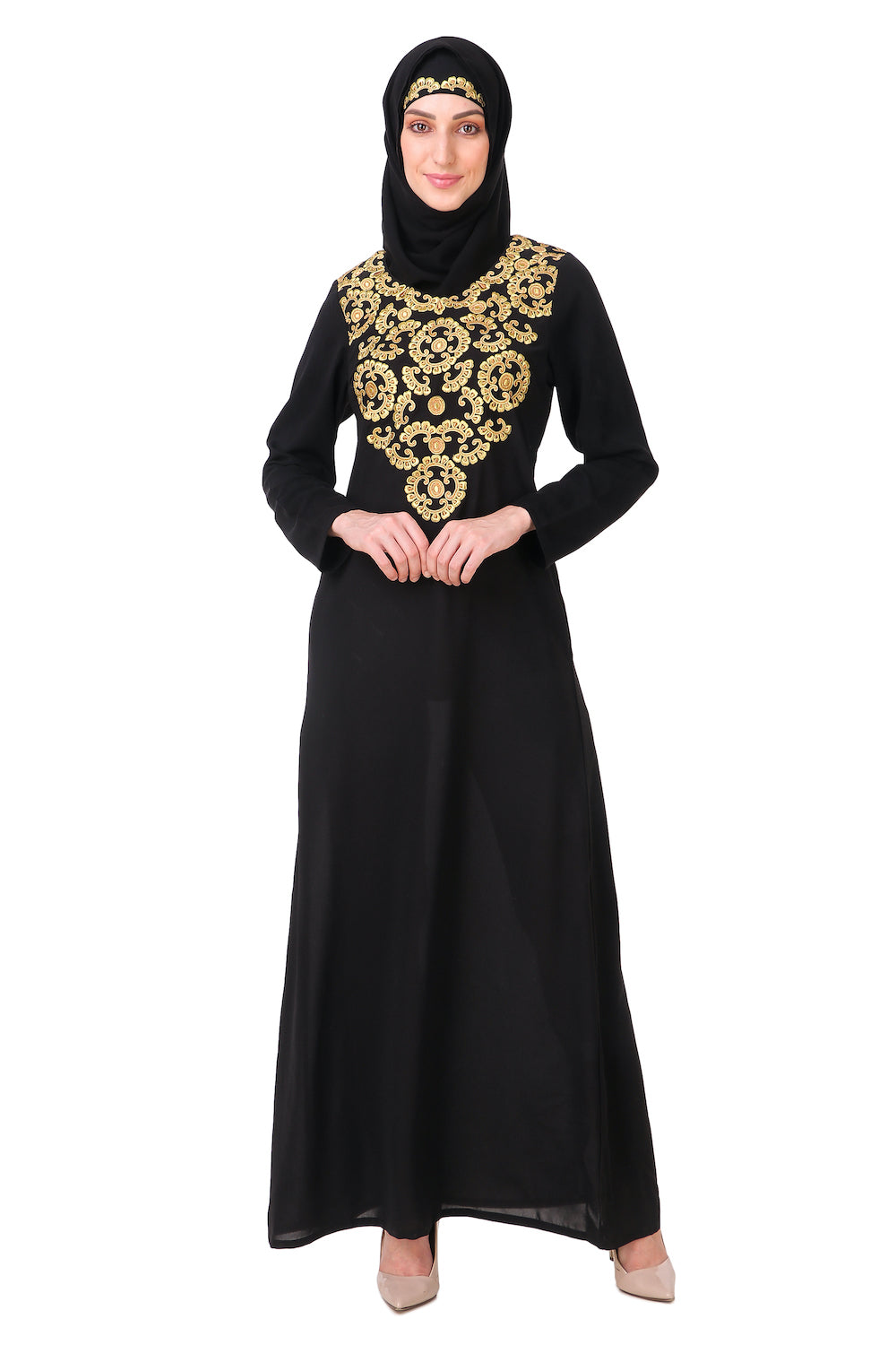 Gold & Copper Hand Embroidered Neck Fancy Abaya AY-808