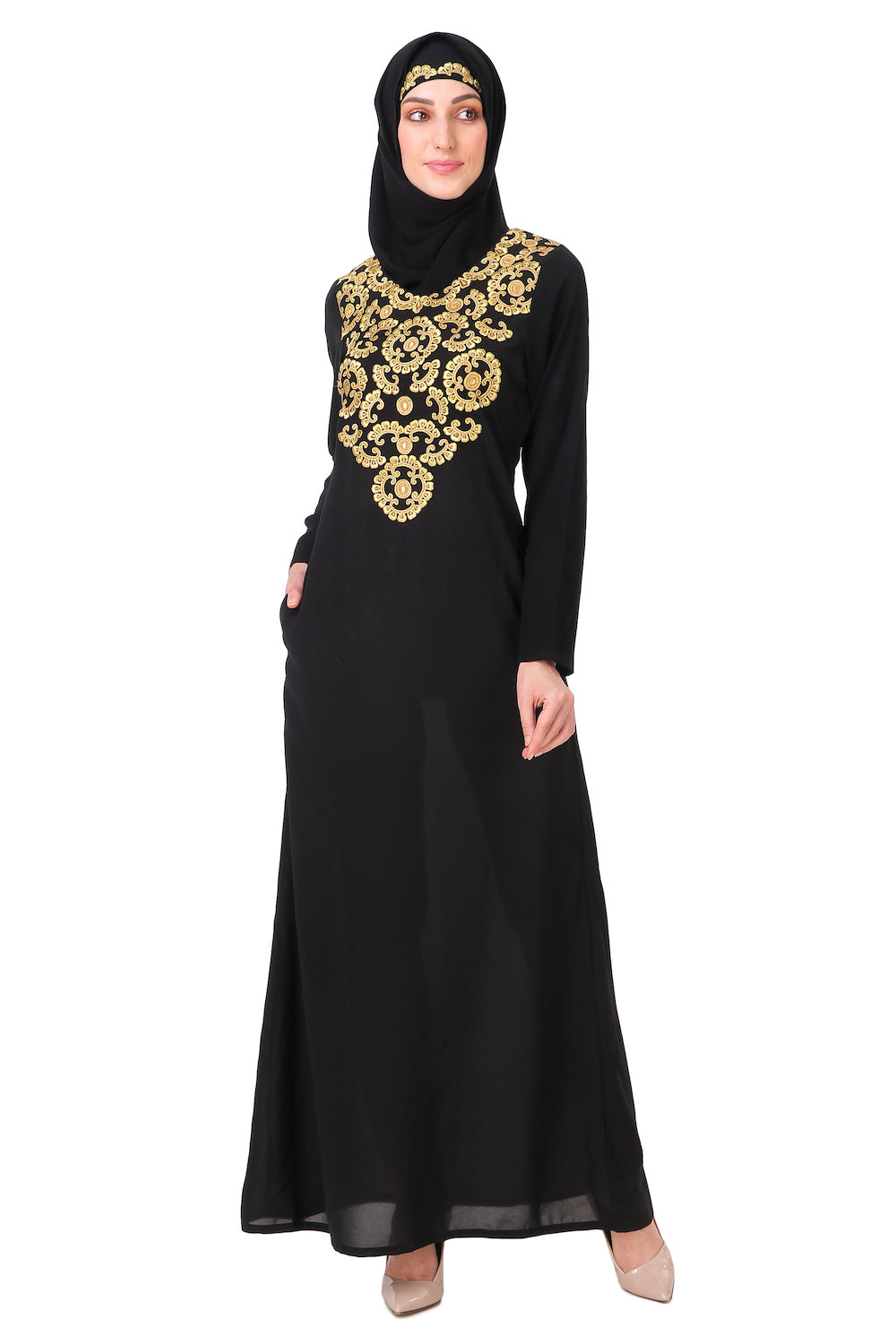 Gold & Copper Hand Embroidered Neck Fancy Abaya AY-808
