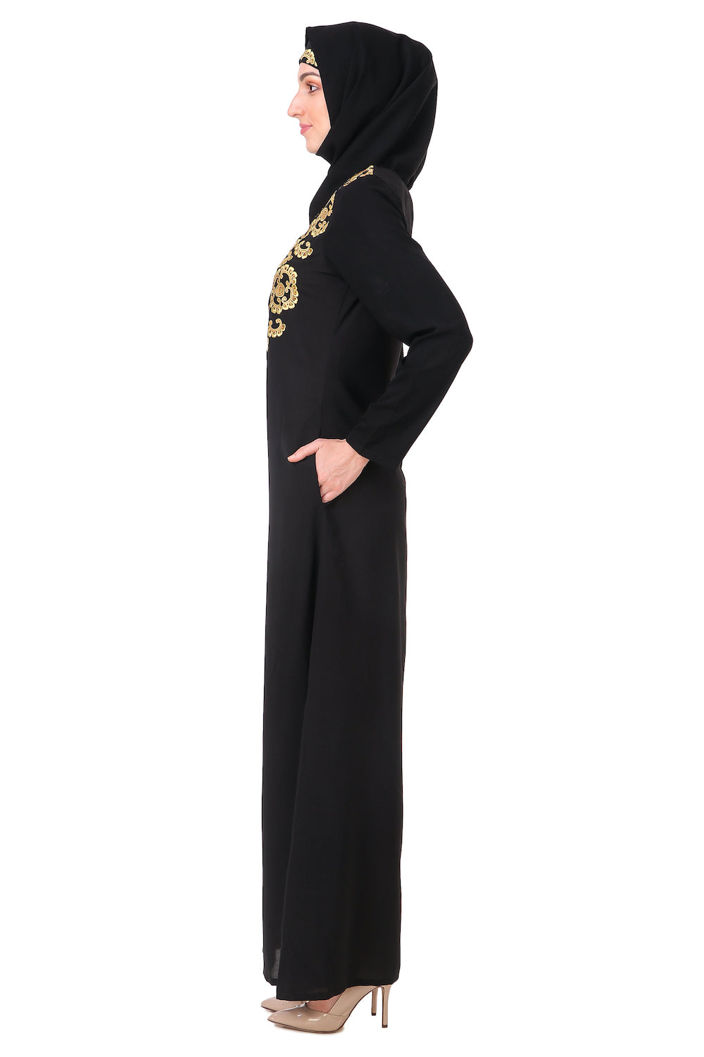 Gold & Copper Hand Embroidered Neck Fancy Abaya AY-808