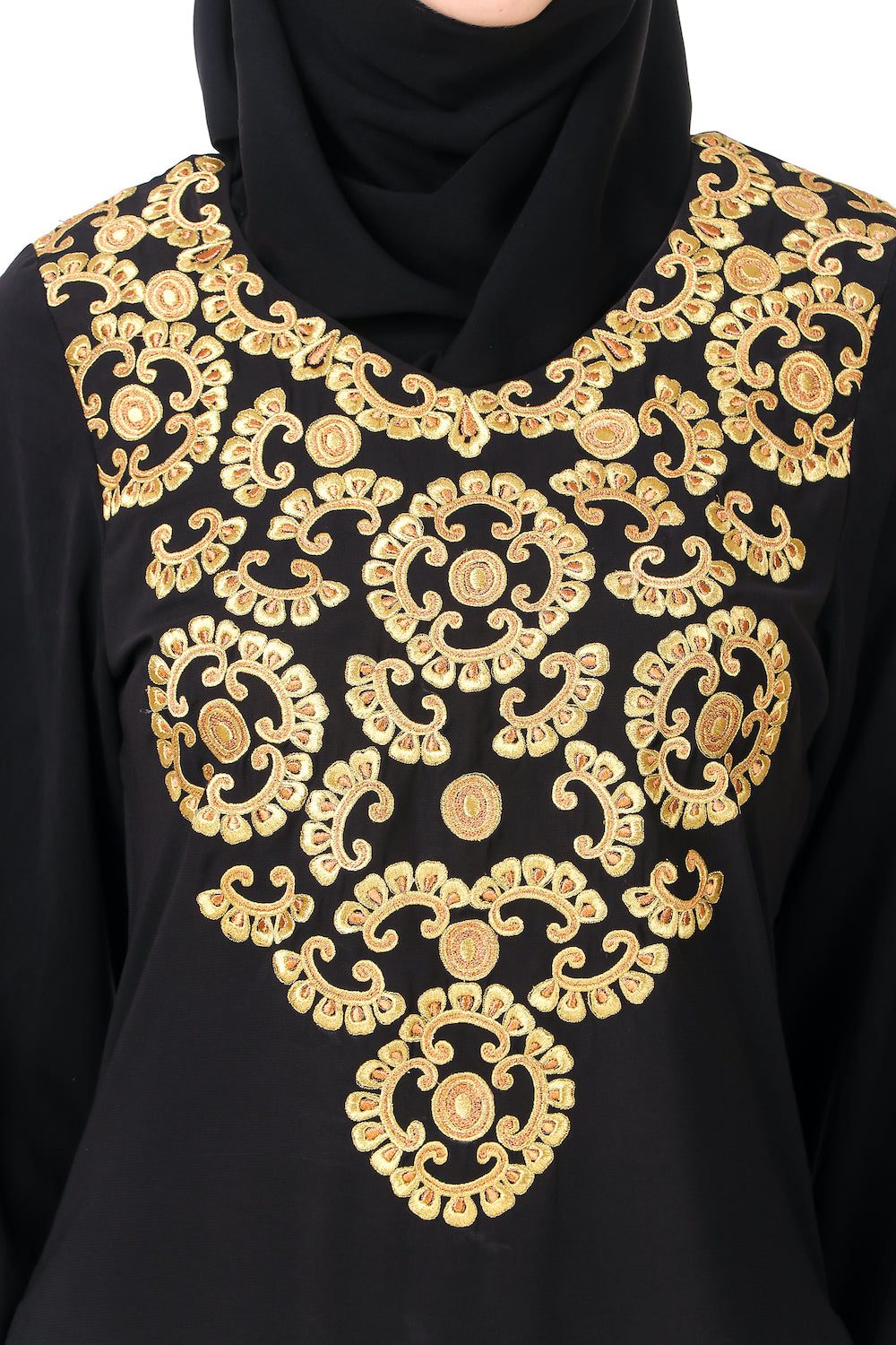 Gold & Copper Hand Embroidered Neck Fancy Abaya AY-808